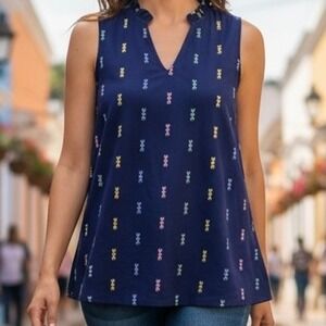 St Johns Bay Navy Blue Embroidered Ruffle Neck Sleeveless Top Womens Size M Cute